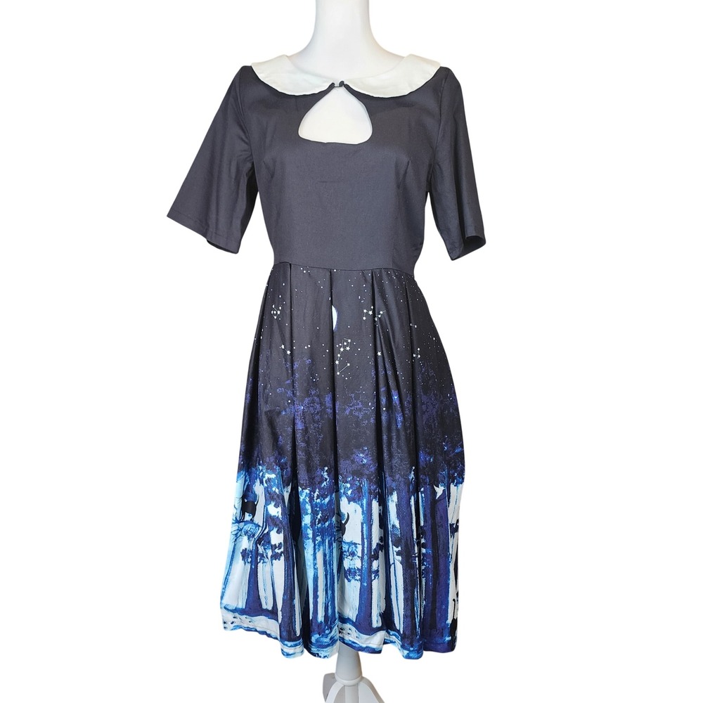 Lindy Bop Fit Flare Midnight Cat Dress Womens 10 Black Whimsigoth Rockabilly 50s